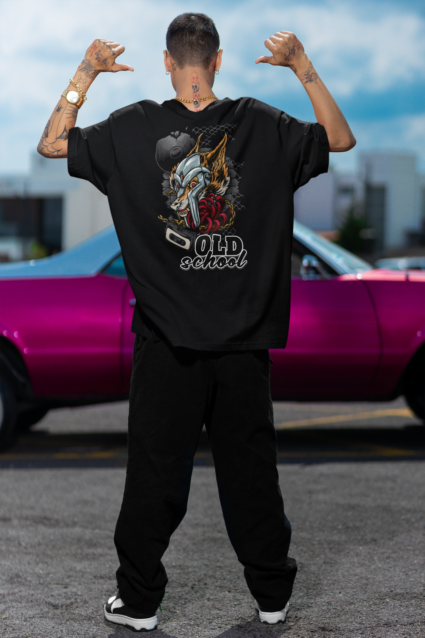 OLD SCHOOL WOLF Streetwear Backprint - Freestyler Bio Oversized Unisex T-Shirt Erwachsenen SH