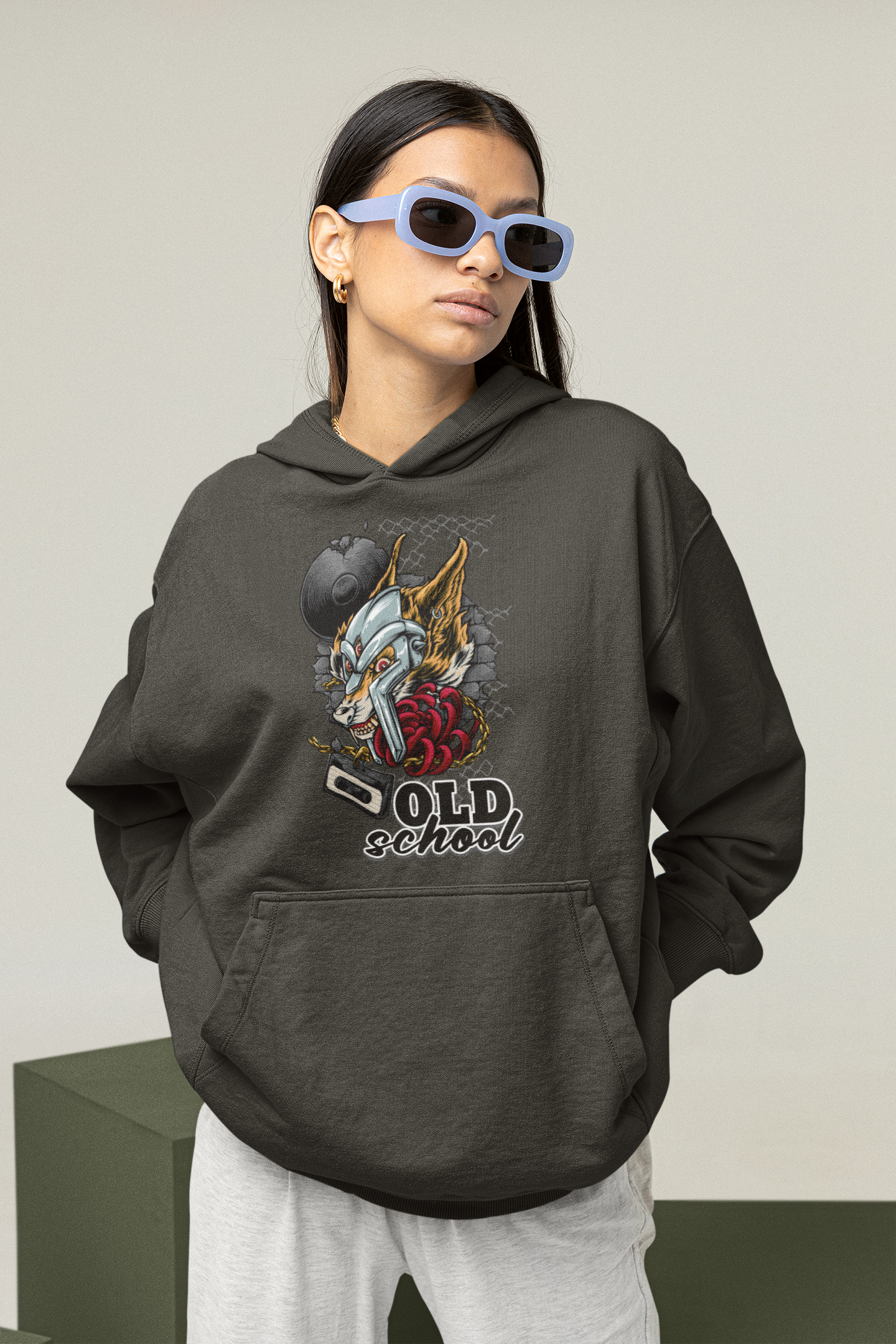 Sudadera unisex extragrande orgánica Slammer con estampado frontal de ropa urbana OLD SCHOOL WOLF para adultos SH - Sudadera unisex extragrande orgánica 2.0