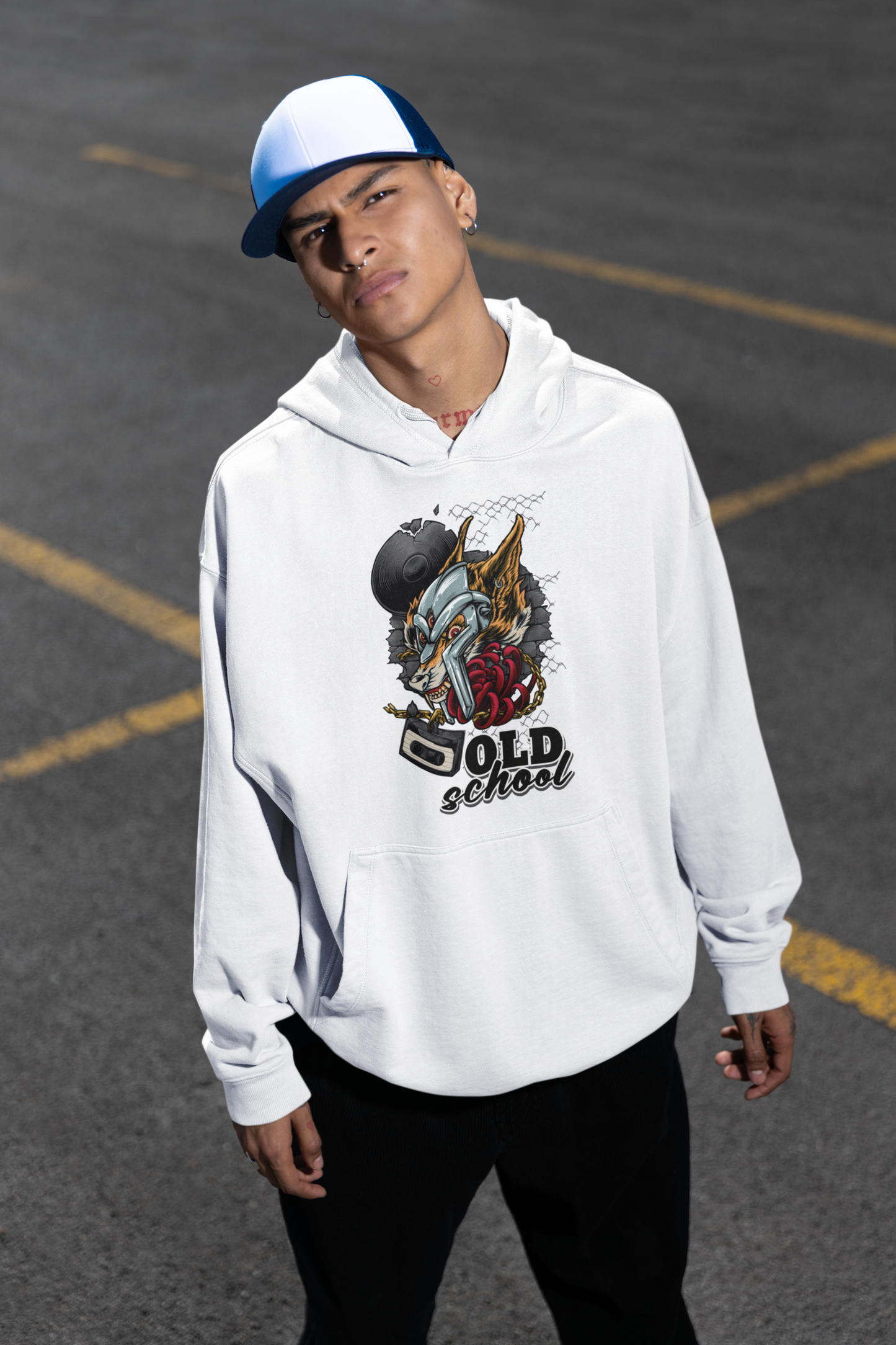 Sudadera unisex extragrande orgánica Slammer con estampado frontal de ropa urbana OLD SCHOOL WOLF para adultos SH - Sudadera unisex extragrande orgánica 2.0