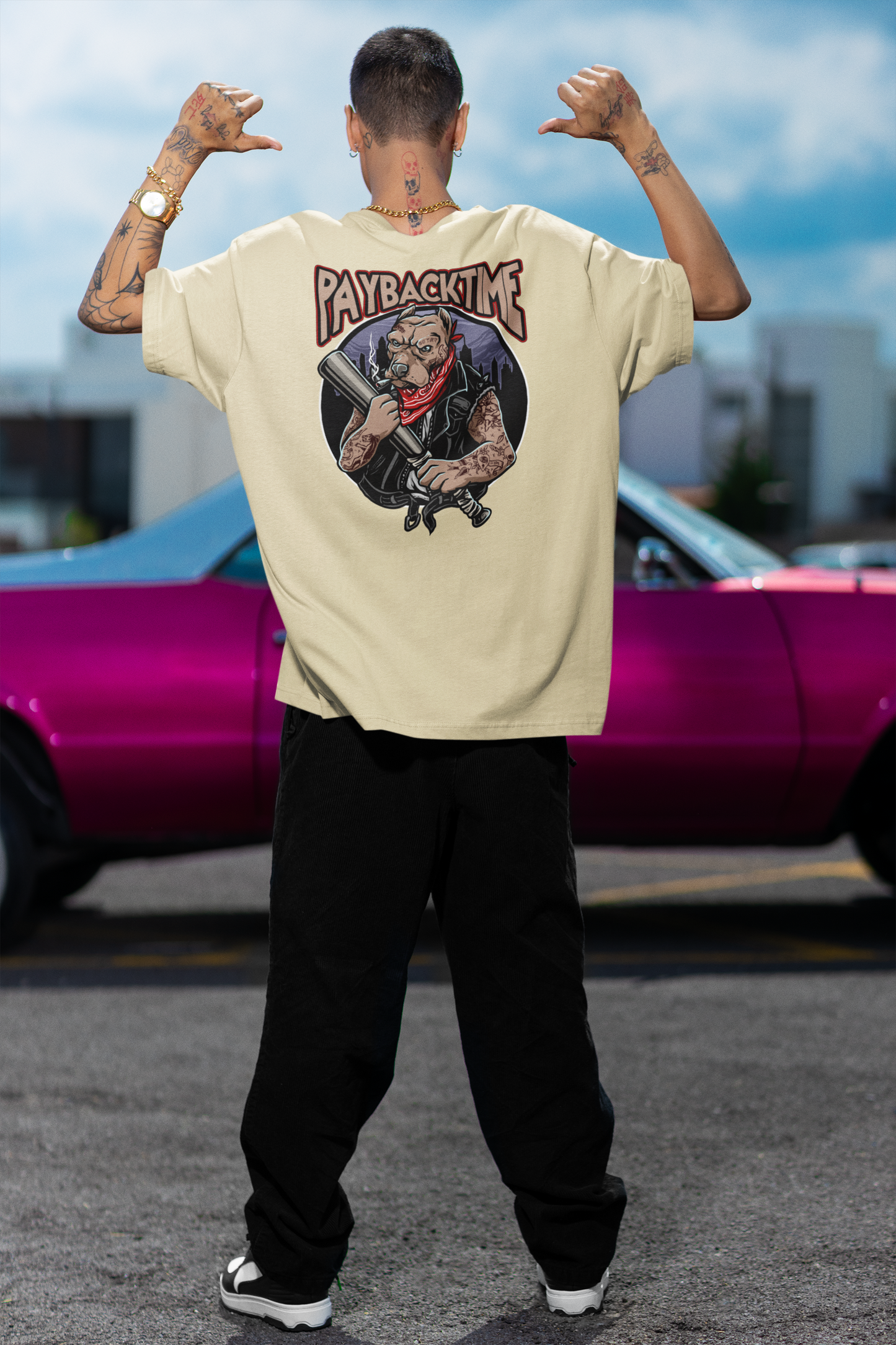 PayBackTime ROCKER DOG Streetwear Backprint - Freestyler Bio Oversized Unisex T-Shirt Erwachsenen SH