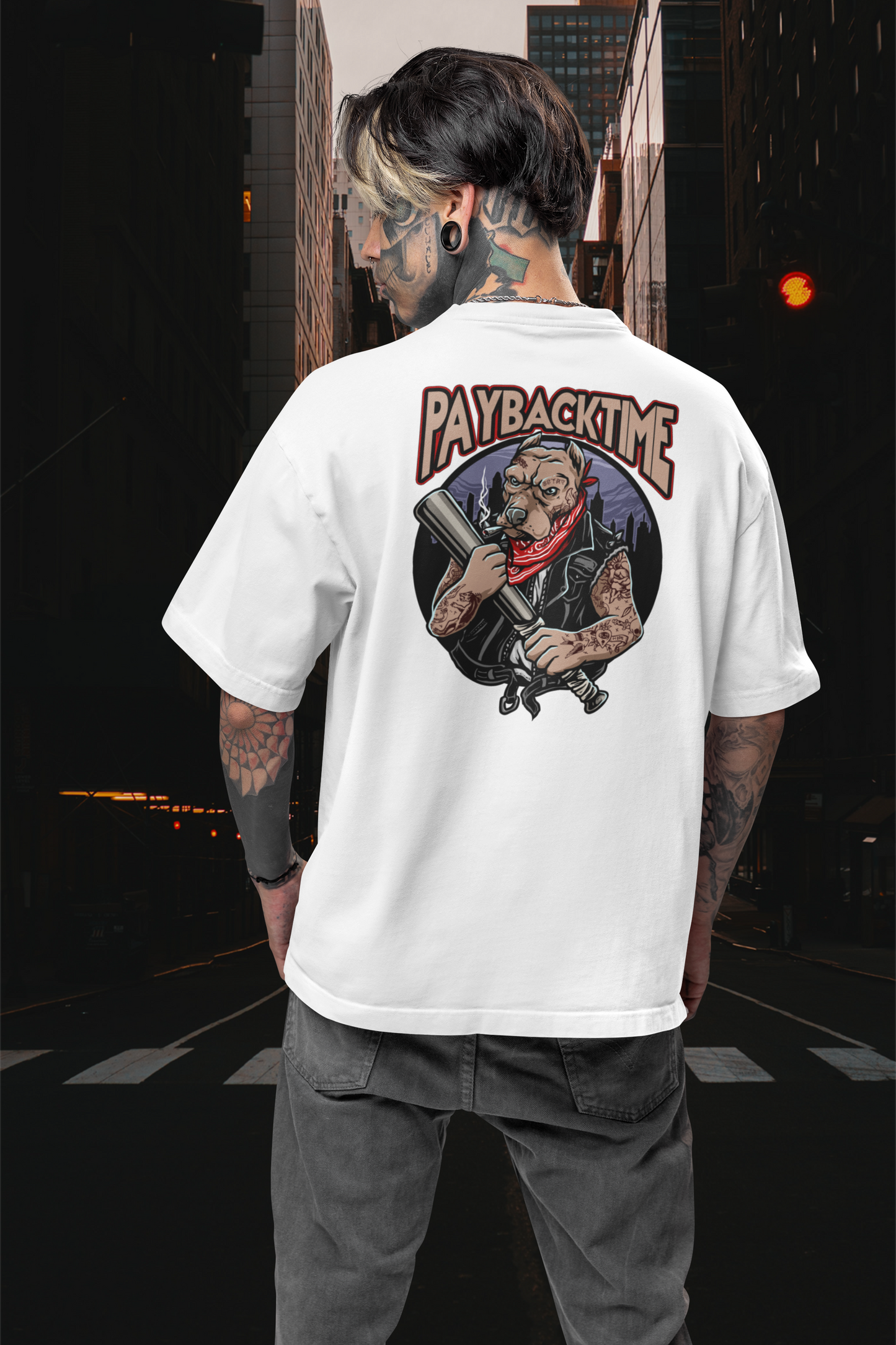 PayBackTime ROCKER DOG Streetwear Backprint - Freestyler Bio Oversized Unisex T-Shirt Erwachsenen SH