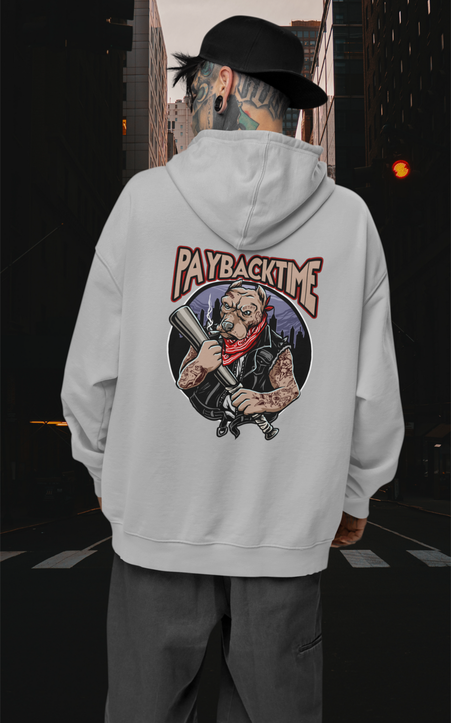 PayBackTime ROCKER DOG Streetwear Estampado en la espalda - Sudadera con capucha unisex extragrande orgánica Slammer para adultos SH - Sudadera con capucha unisex extragrande orgánica 2.0