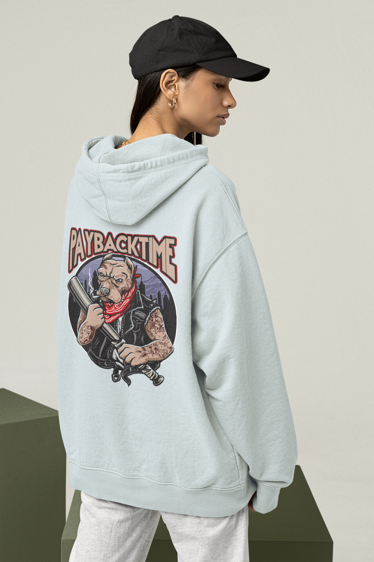 PayBackTime ROCKER DOG Streetwear Estampado en la espalda - Sudadera con capucha unisex extragrande orgánica Slammer para adultos SH - Sudadera con capucha unisex extragrande orgánica 2.0