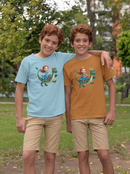 Princesa montando un dragón - Camiseta unisex de manga corta para niños, algodón orgánico, camiseta duradera de alta calidad, Kids BC SH