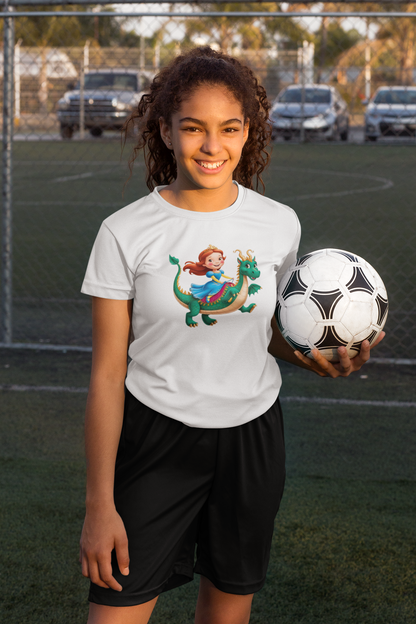 Princesa montando un dragón - Camiseta unisex de manga corta para niños, algodón orgánico, camiseta duradera de alta calidad, Kids BC SH