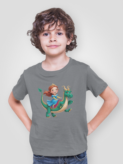 Princesa montando un dragón - Camiseta unisex de manga corta para niños, algodón orgánico, camiseta duradera de alta calidad, Kids BC SH