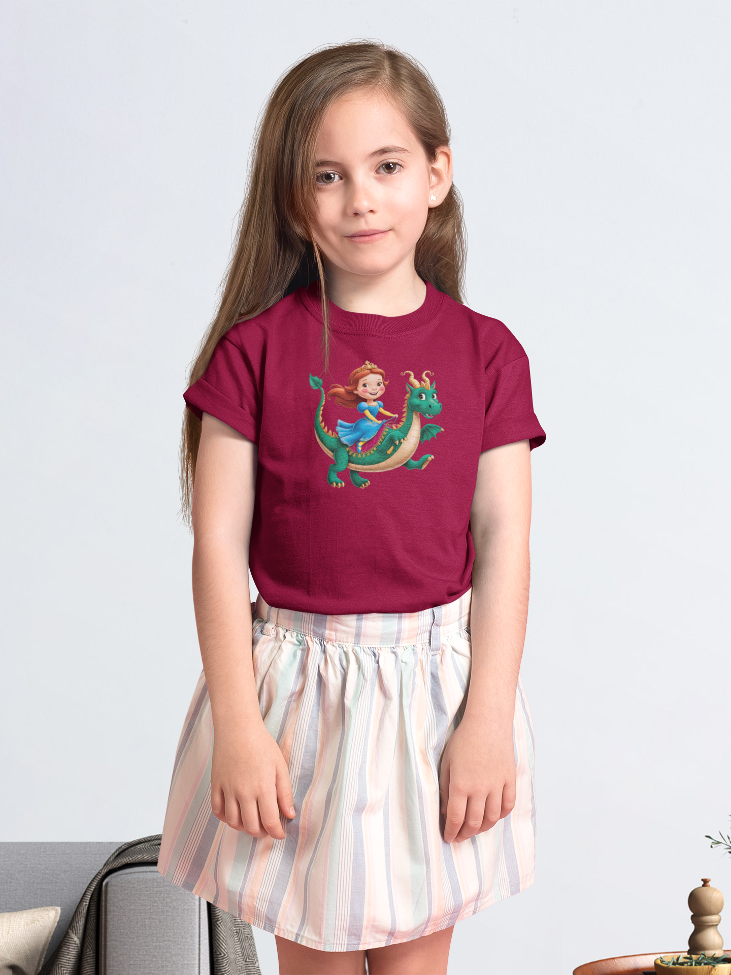 Princesa montando un dragón - Camiseta unisex de manga corta para niños, algodón orgánico, camiseta duradera de alta calidad, Kids BC SH