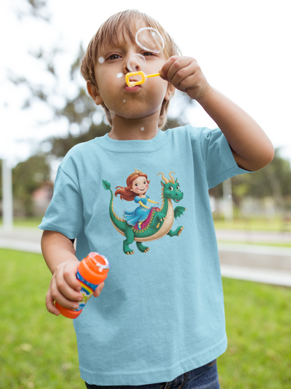 Princesa montando un dragón - Camiseta unisex de manga corta para niños, algodón orgánico, camiseta duradera de alta calidad, Kids BC SH