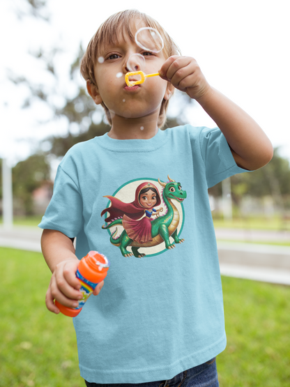 Princesa montando un dragón largo - Camiseta unisex de manga corta para niños, algodón orgánico, camiseta duradera de alta calidad, Kids BC SH