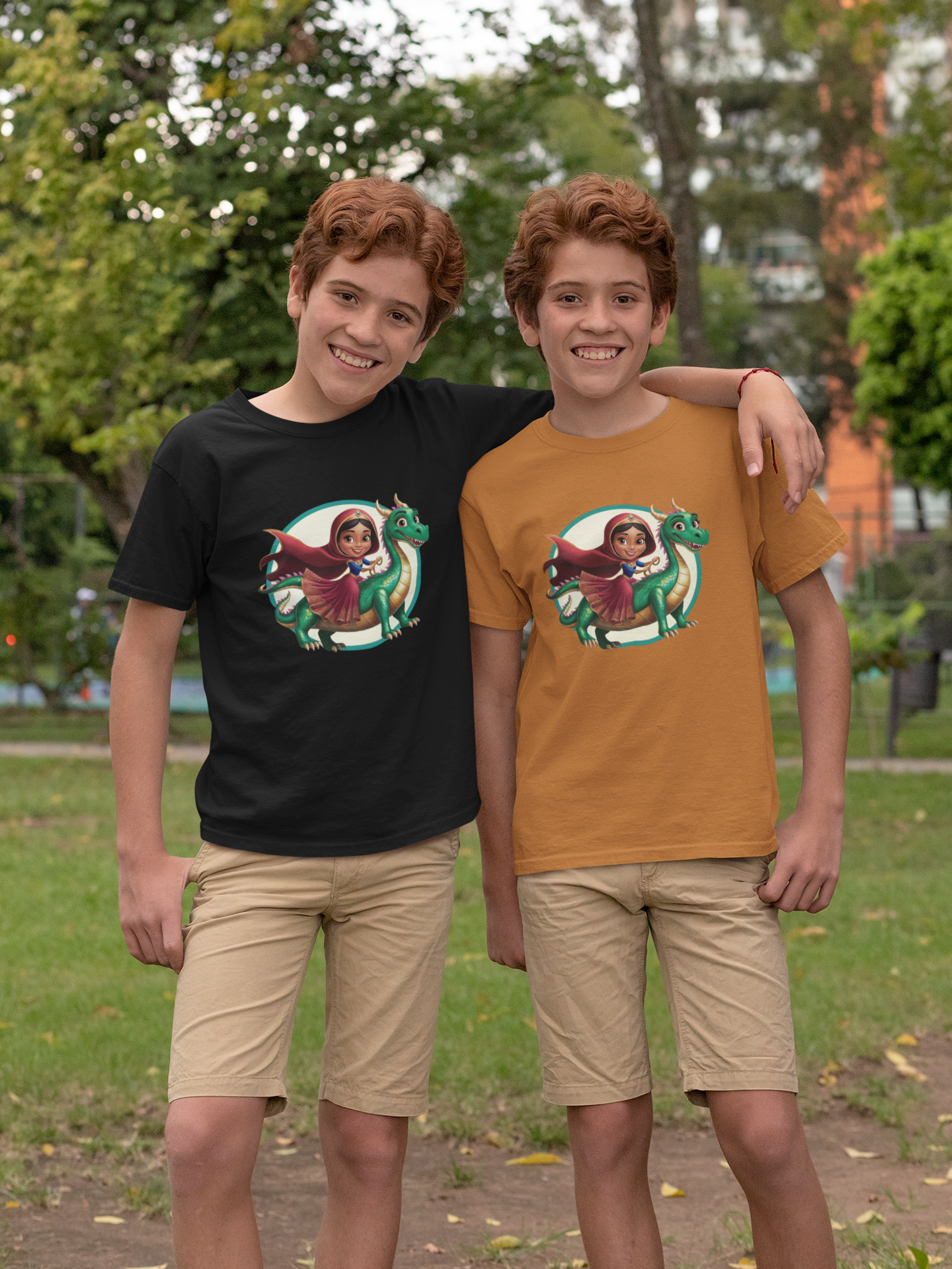 Princesa montando un dragón largo - Camiseta unisex de manga corta para niños, algodón orgánico, camiseta duradera de alta calidad, Kids BC SH