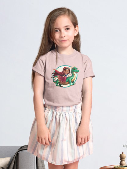 Princesa montando un dragón largo - Camiseta unisex de manga corta para niños, algodón orgánico, camiseta duradera de alta calidad, Kids BC SH