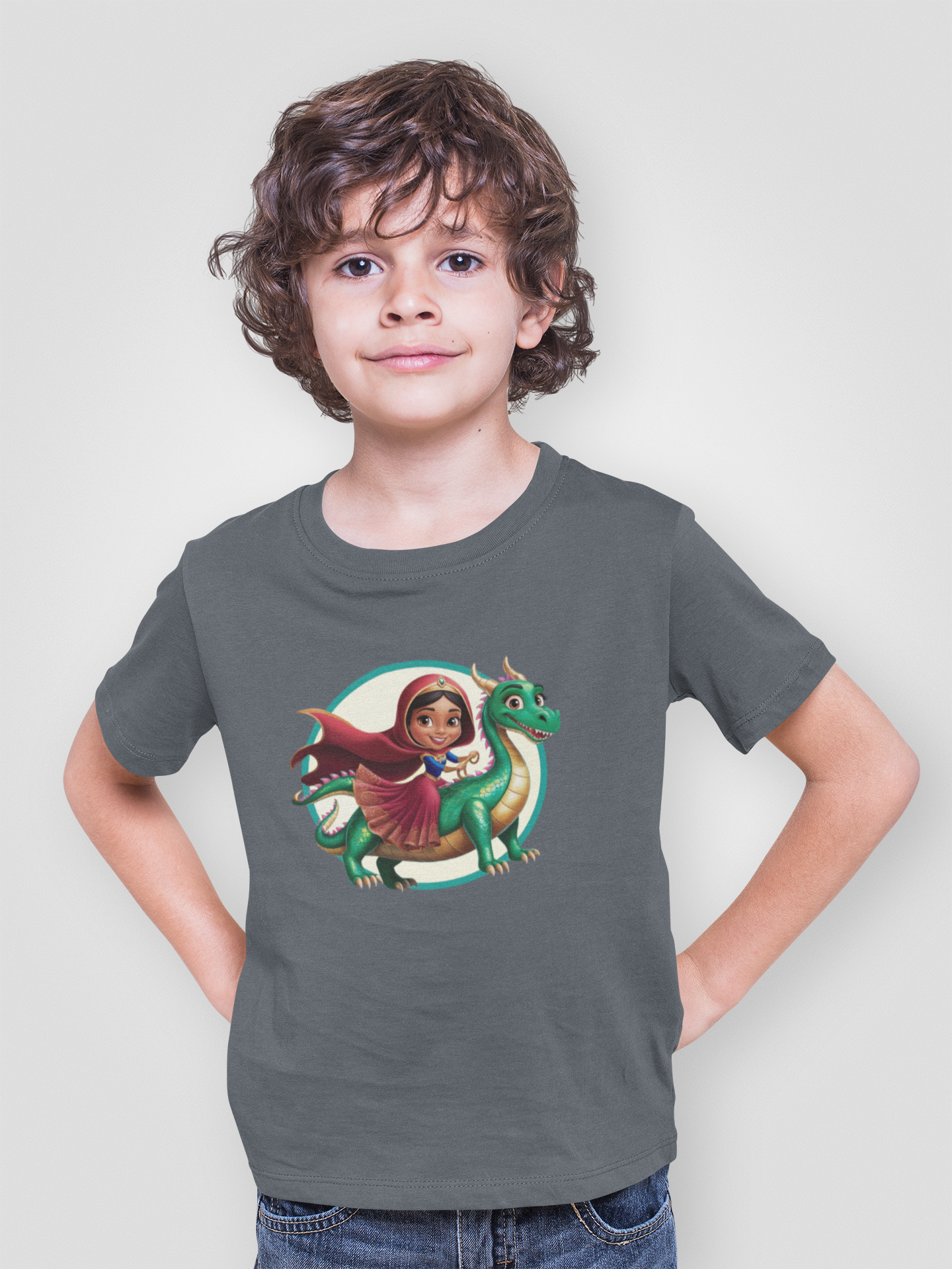 Princesa montando un dragón largo - Camiseta unisex de manga corta para niños, algodón orgánico, camiseta duradera de alta calidad, Kids BC SH
