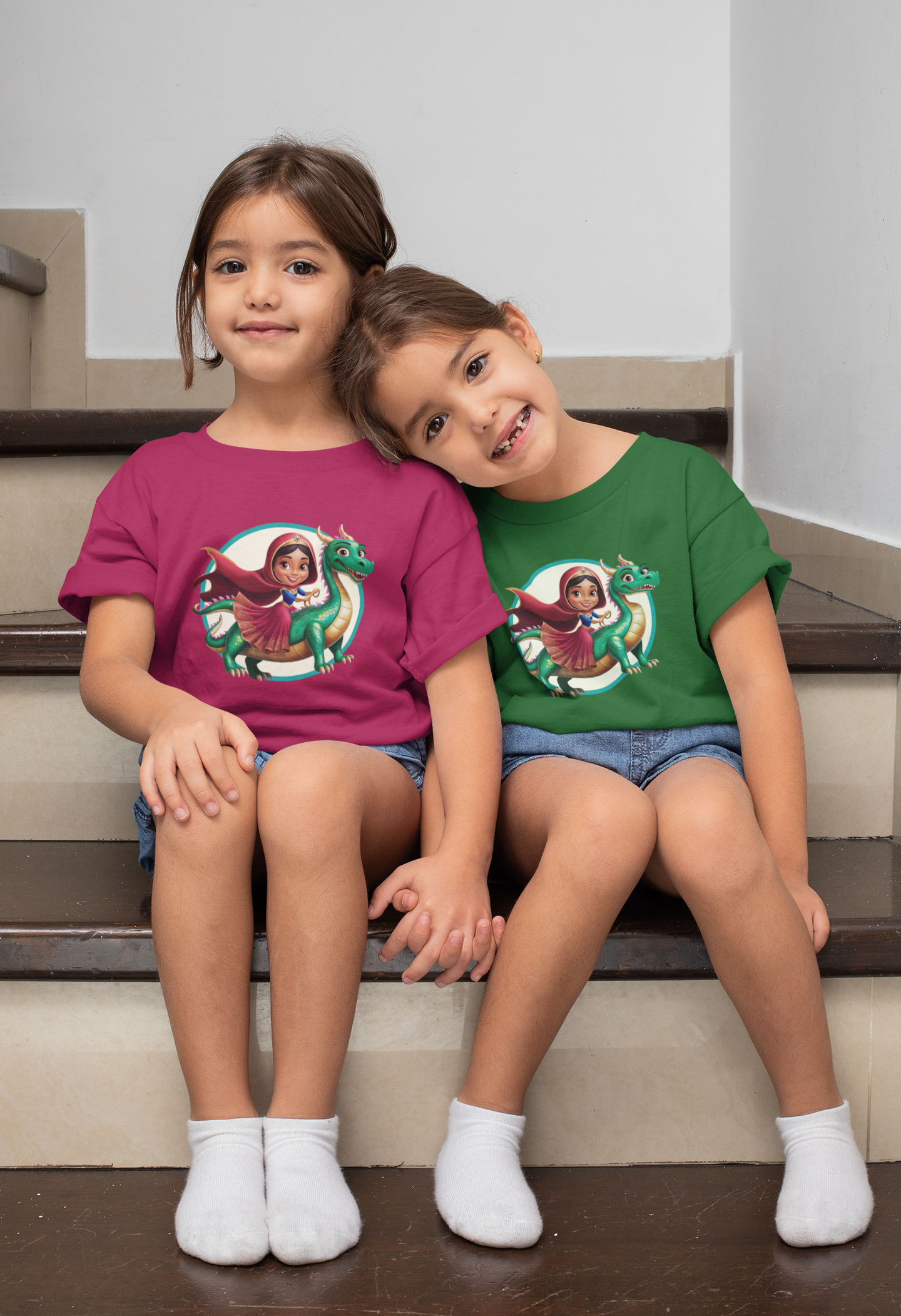 Princesa montando un dragón largo - Camiseta unisex de manga corta para niños, algodón orgánico, camiseta duradera de alta calidad, Kids BC SH