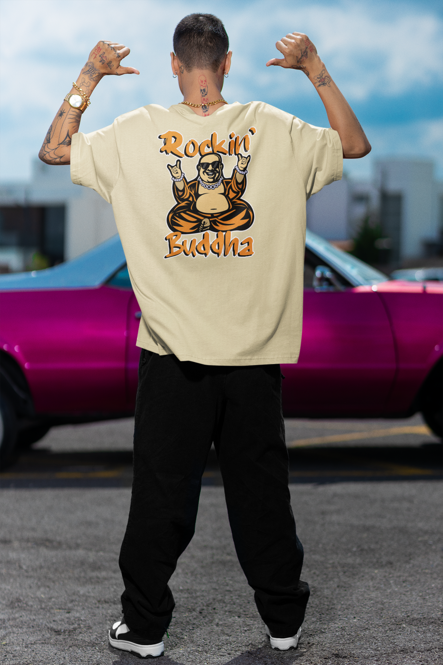 ROCKIN BUDDAH Streetwear Backprint - Freestyler Bio Oversized Unisex T-Shirt Erwachsenen SH