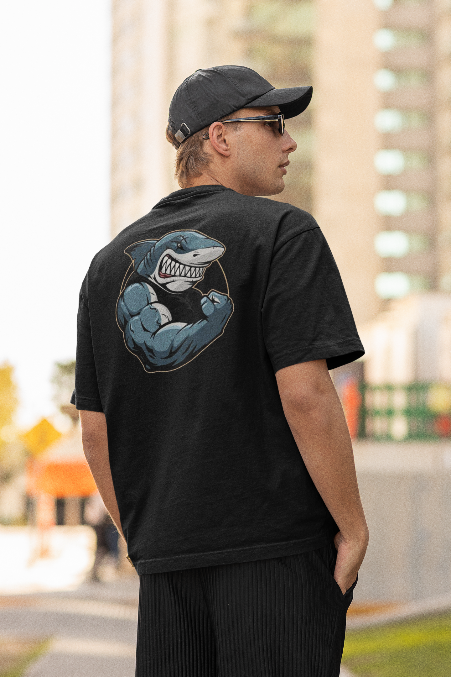 SHARKY MUSKEL HAI Streetwear Backprint - Freestyler Bio Oversized Unisex T-Shirt Erwachsenen SH