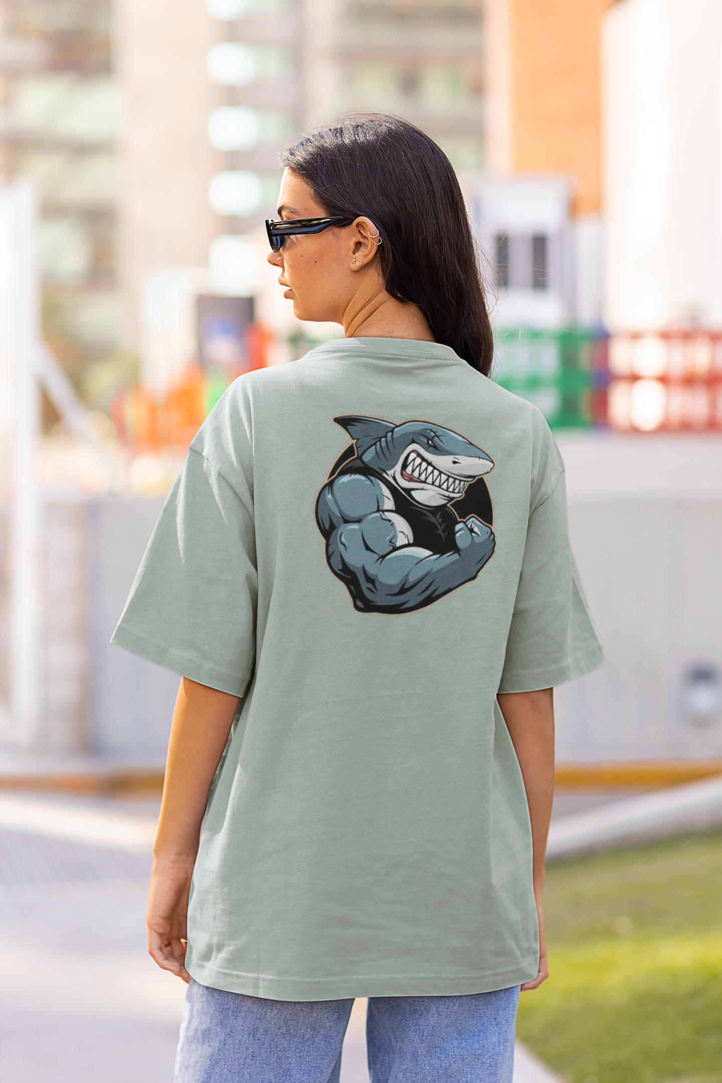 SHARKY MUSKEL HAI Streetwear Backprint - Freestyler Bio Oversized Unisex T-Shirt Erwachsenen SH
