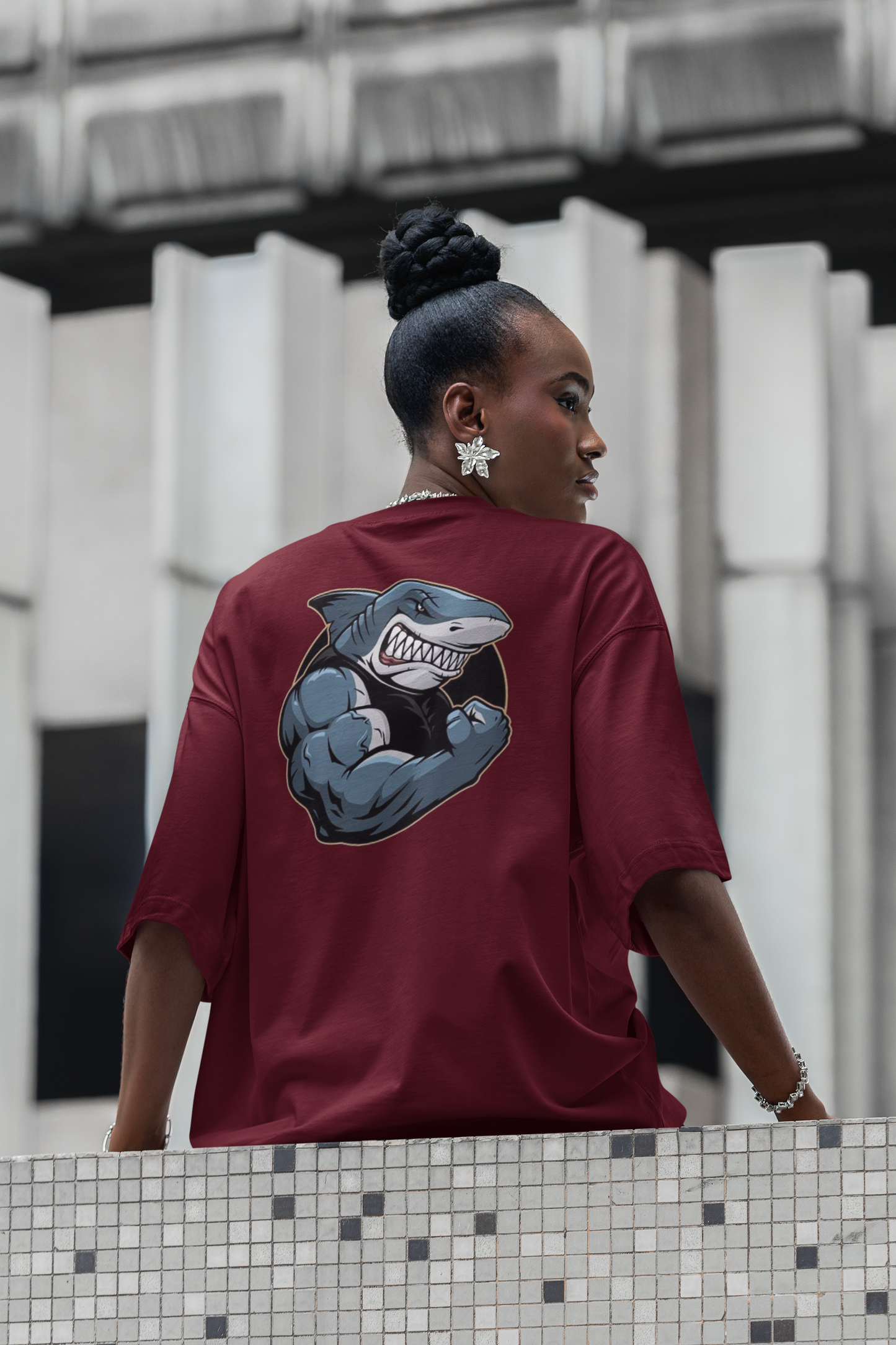 SHARKY MUSKEL HAI Streetwear Backprint - Freestyler Bio Oversized Unisex T-Shirt Erwachsenen SH