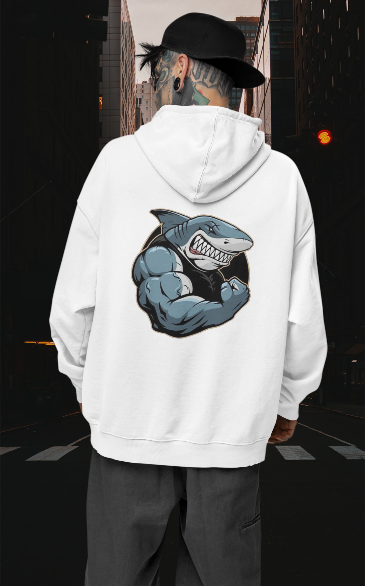 SHARKY MUSCLE SHARK - Sudadera unisex extragrande orgánica con estampado en la espalda - Slammer - Sudadera unisex extragrande orgánica 2.0