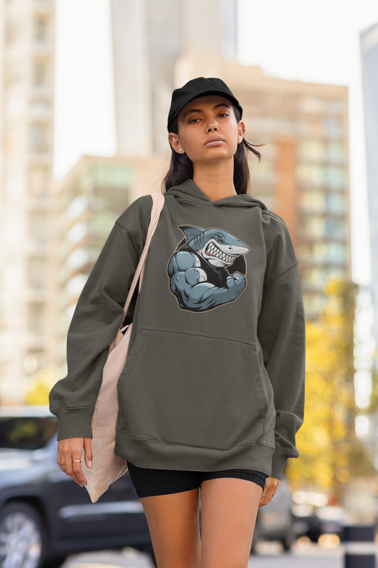 Sudadera con capucha unisex extragrande orgánica Slammer con estampado frontal de tiburón y músculos para adultos SH - Sudadera con capucha unisex extragrande orgánica 2.0