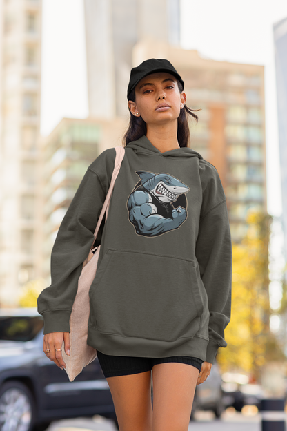 Sudadera con capucha unisex extragrande orgánica Slammer con estampado frontal de tiburón y músculos para adultos SH - Sudadera con capucha unisex extragrande orgánica 2.0