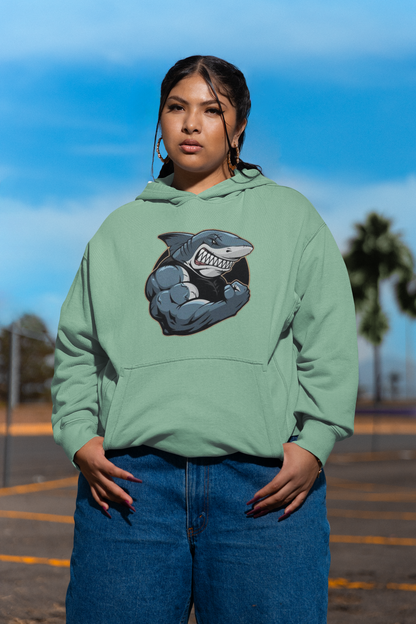 Sudadera con capucha unisex extragrande orgánica Slammer con estampado frontal de tiburón y músculos para adultos SH - Sudadera con capucha unisex extragrande orgánica 2.0