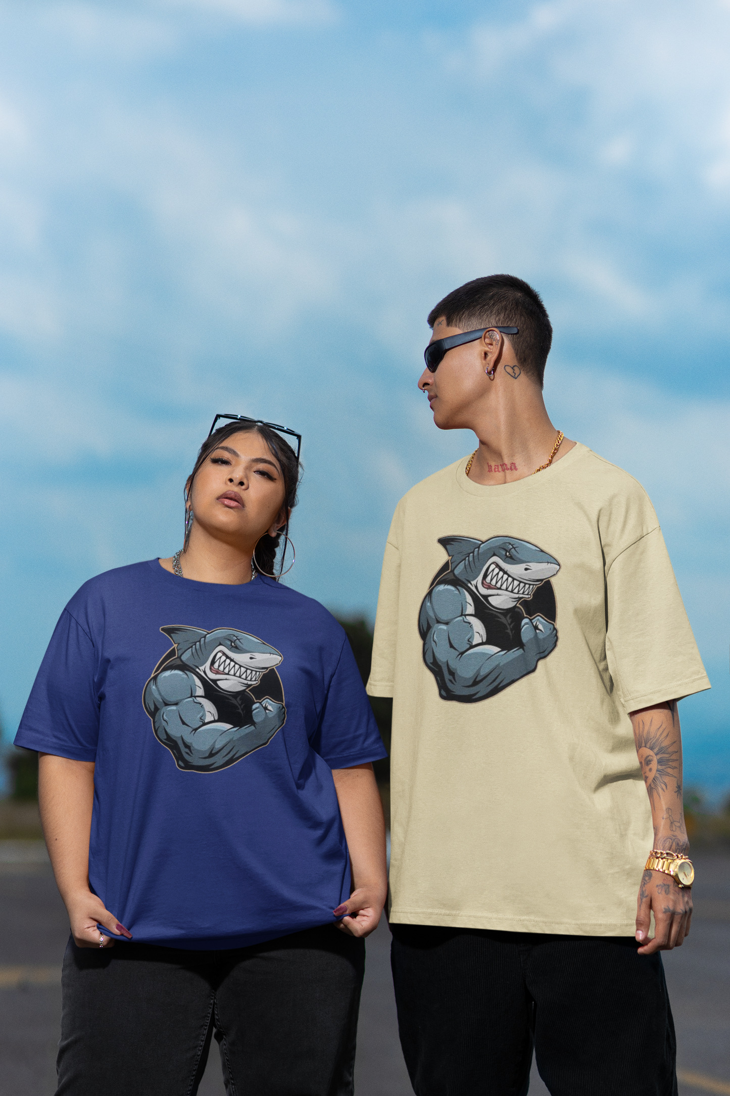 SHARKY MUSKEL HAI Streetwear Frontprint - Freestyler Bio Oversized Unisex T-Shirt Erwachsenen SH