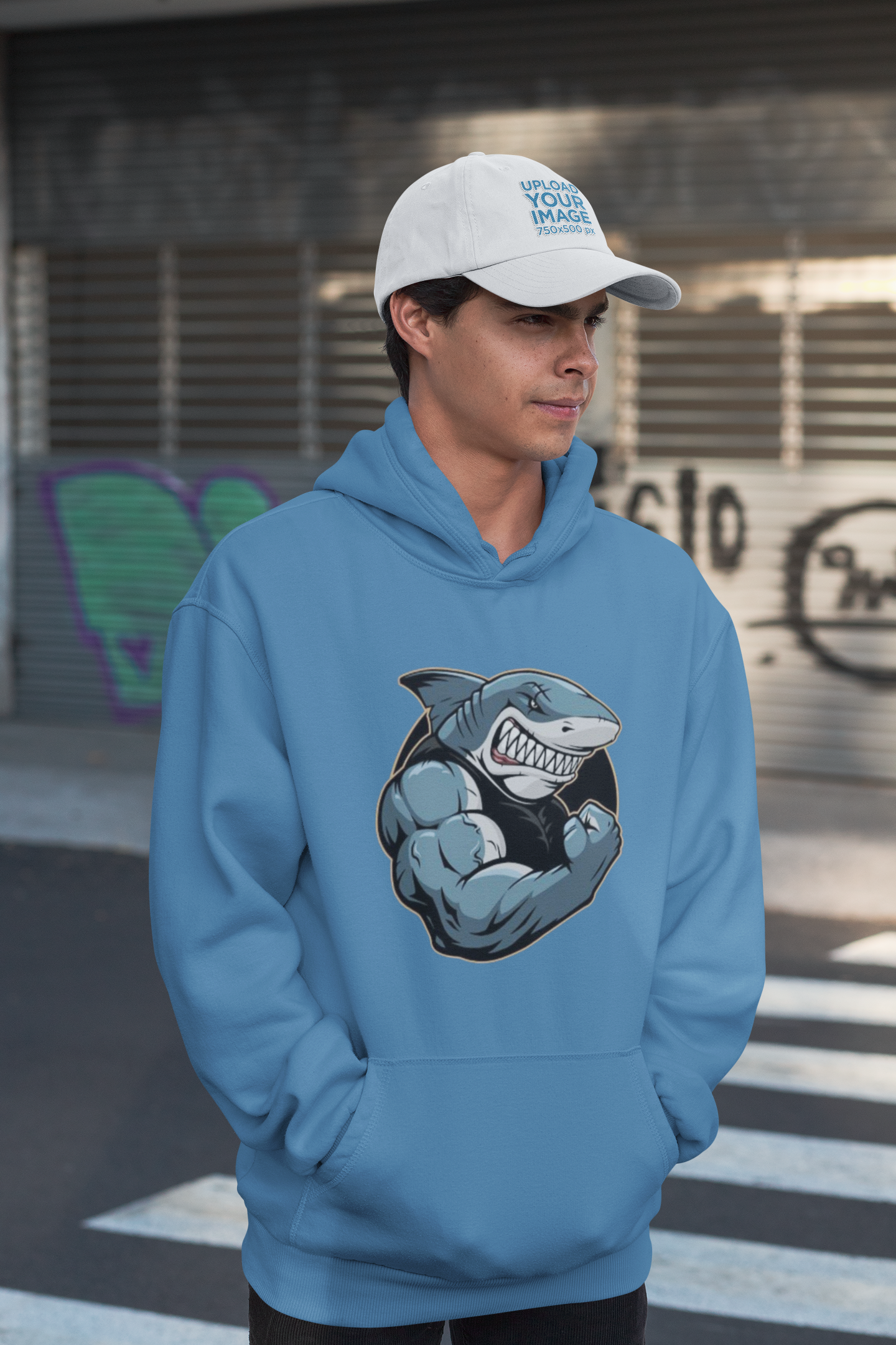 Sudadera con capucha unisex extragrande orgánica Slammer con estampado frontal de tiburón y músculos para adultos SH - Sudadera con capucha unisex extragrande orgánica 2.0
