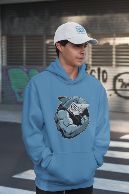 Sudadera con capucha unisex extragrande orgánica Slammer con estampado frontal de tiburón y músculos para adultos SH - Sudadera con capucha unisex extragrande orgánica 2.0