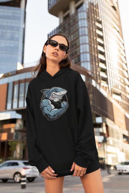 Sudadera con capucha unisex extragrande orgánica Slammer con estampado frontal de tiburón y músculos para adultos SH - Sudadera con capucha unisex extragrande orgánica 2.0