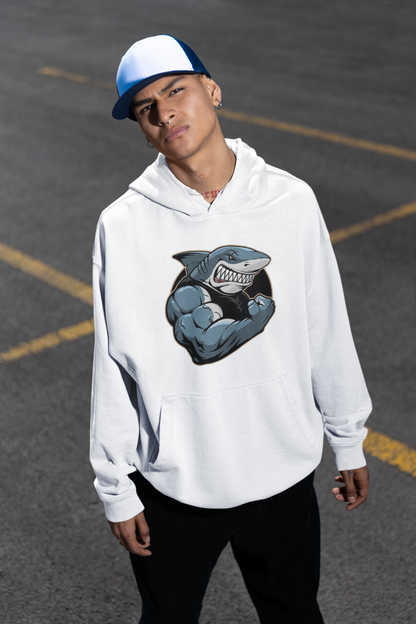 Sudadera con capucha unisex extragrande orgánica Slammer con estampado frontal de tiburón y músculos para adultos SH - Sudadera con capucha unisex extragrande orgánica 2.0