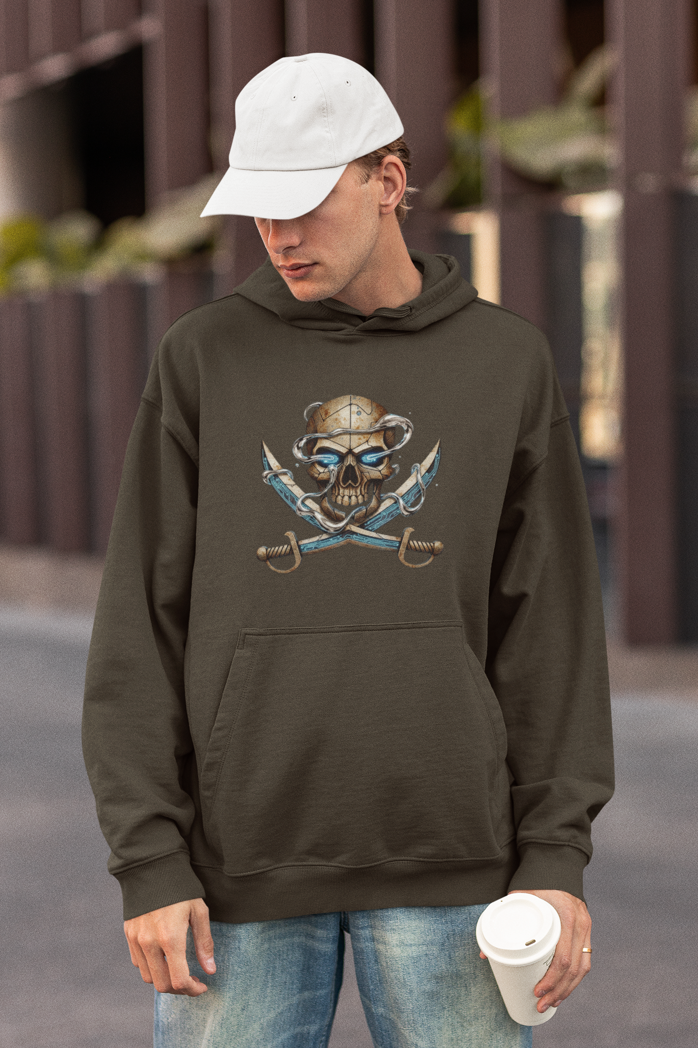 SKULL PIRATE DATA SWORD Streetwear Estampado frontal - Sudadera con capucha unisex extragrande orgánica Slammer para adultos SH - Sudadera con capucha unisex extragrande orgánica 2.0