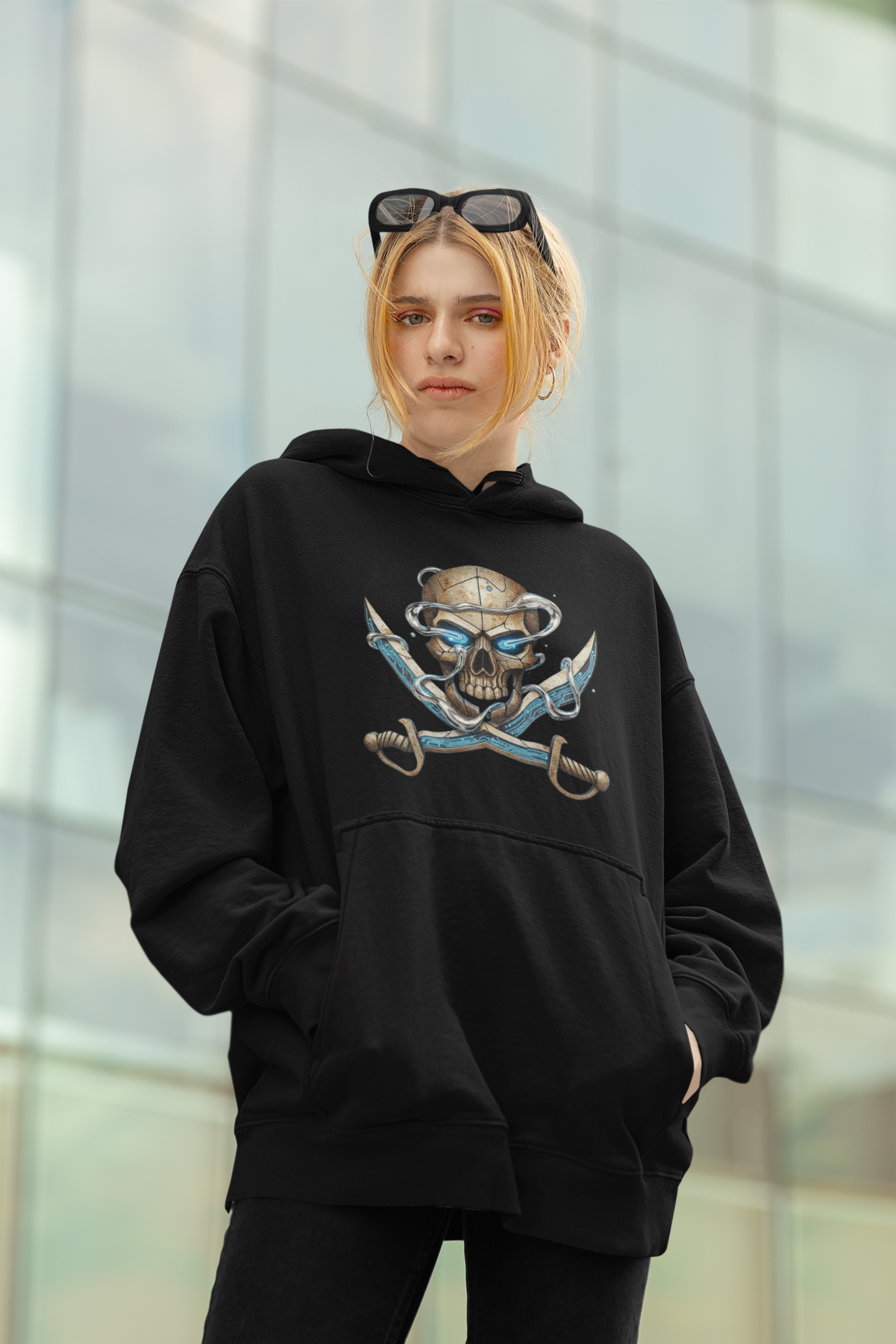SKULL PIRATE DATA SWORD Streetwear Estampado frontal - Sudadera con capucha unisex extragrande orgánica Slammer para adultos SH - Sudadera con capucha unisex extragrande orgánica 2.0