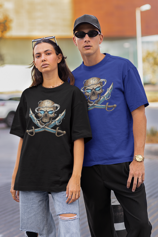 SKULL PIRATE DATA SWORD Streetwear Frontprint - Freestyler Bio Oversized Unisex T-Shirt Erwachsenen SH