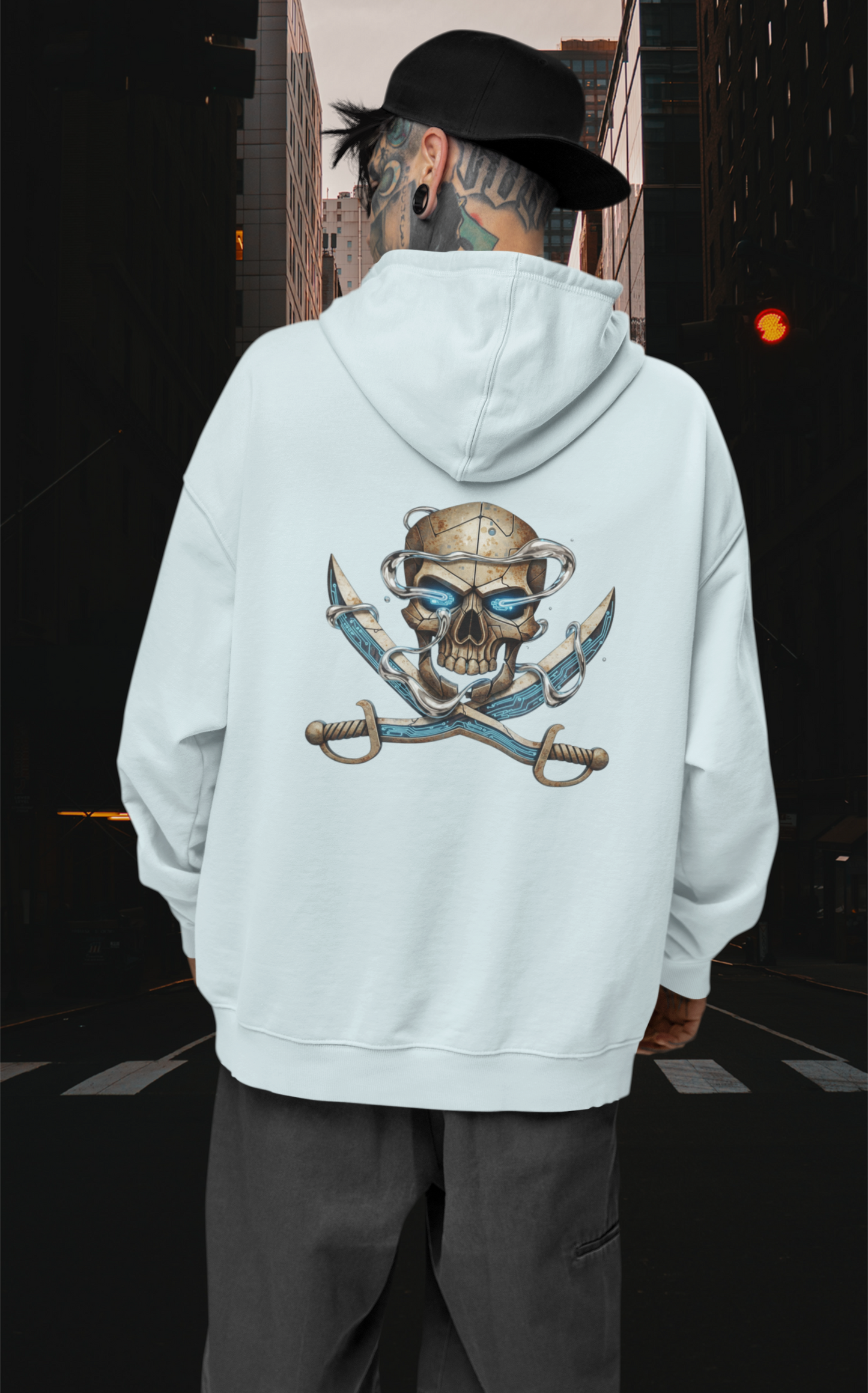 SKULL PIRATE DATA SWORD Streetwear Backprint - Slammer Sudadera con capucha unisex extragrande orgánica para adultos SH - Sudadera con capucha unisex extragrande orgánica 2.0