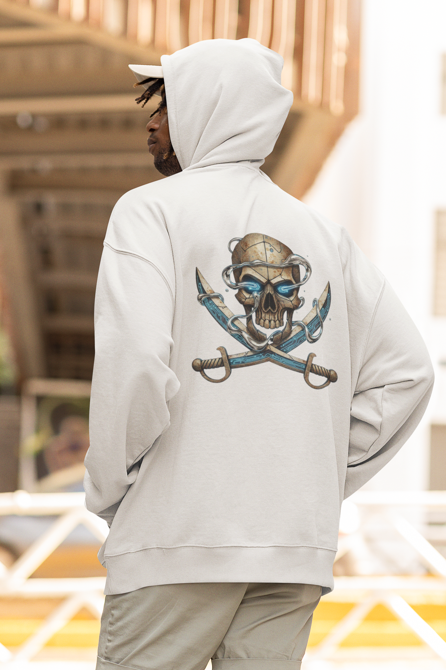 SKULL PIRATE DATA SWORD Streetwear Backprint - Slammer Sudadera con capucha unisex extragrande orgánica para adultos SH - Sudadera con capucha unisex extragrande orgánica 2.0