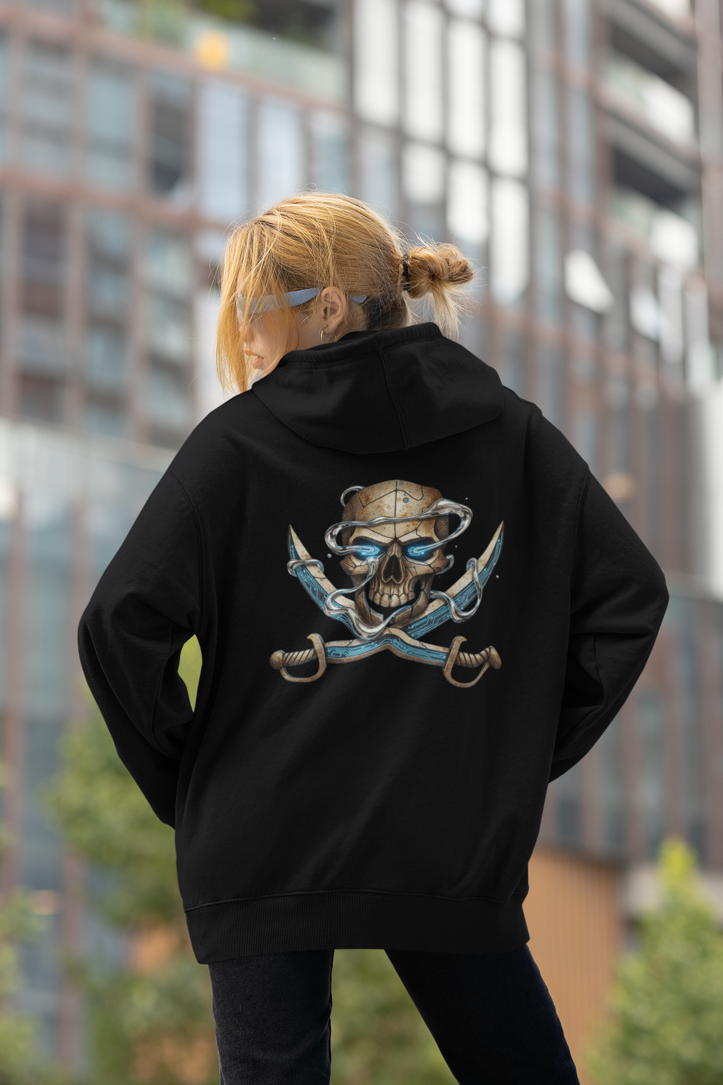 SKULL PIRATE DATA SWORD Streetwear Backprint - Slammer Sudadera con capucha unisex extragrande orgánica para adultos SH - Sudadera con capucha unisex extragrande orgánica 2.0