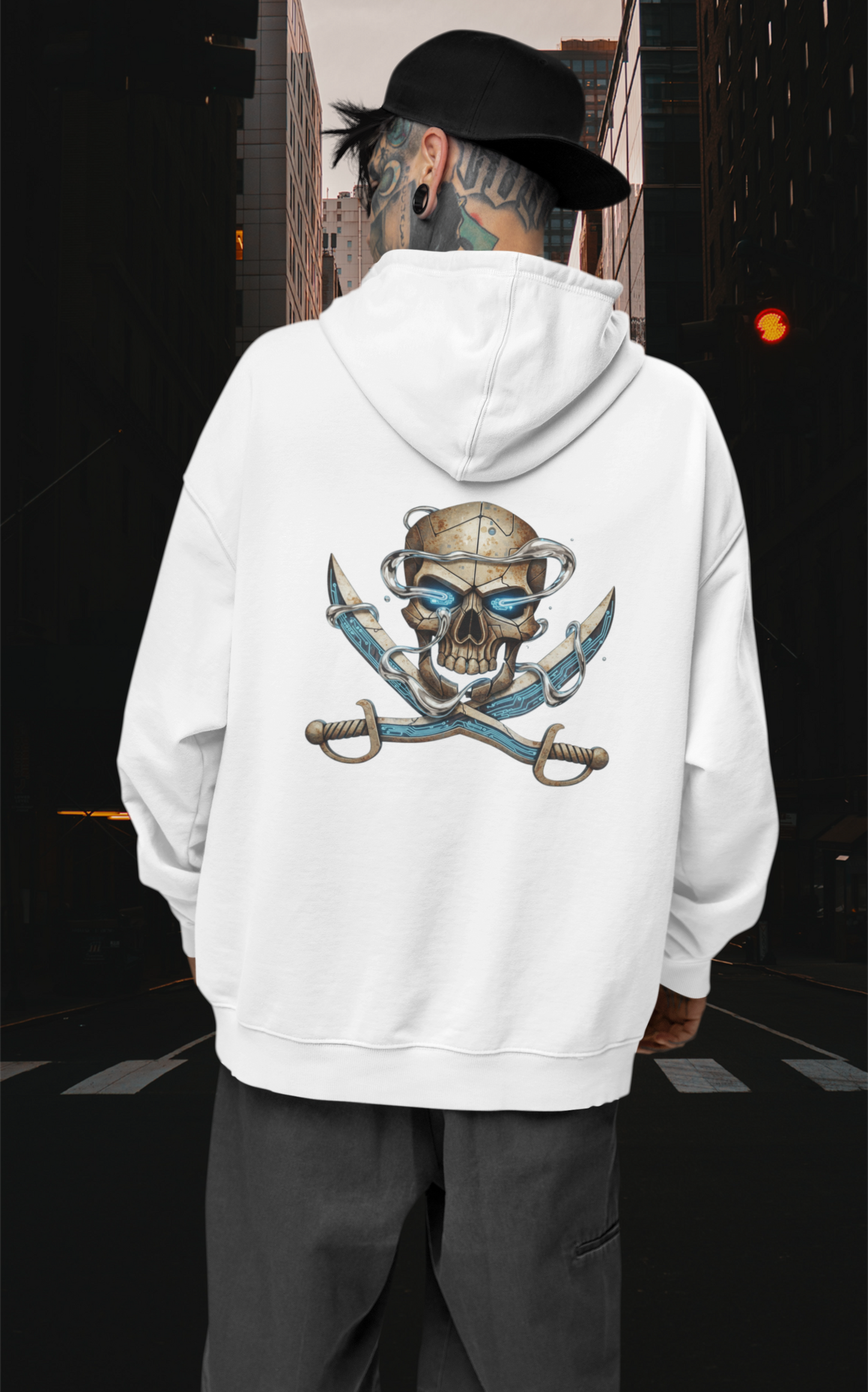 SKULL PIRATE DATA SWORD Streetwear Backprint - Slammer Sudadera con capucha unisex extragrande orgánica para adultos SH - Sudadera con capucha unisex extragrande orgánica 2.0