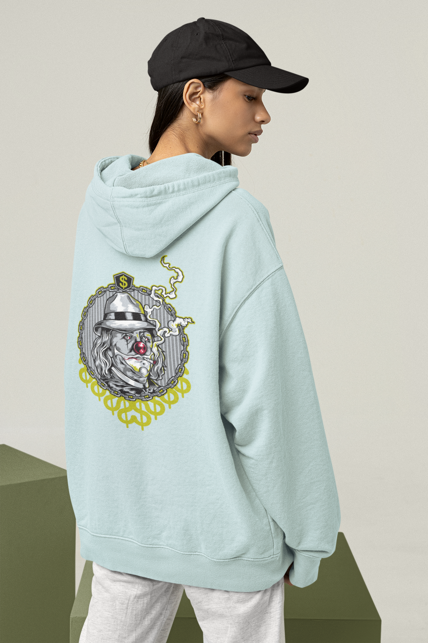 SMOKIE CLOWN Streetwear Estampado en la espalda - Sudadera con capucha unisex extragrande orgánica Slammer para adultos SH - Sudadera con capucha unisex extragrande orgánica 2.0