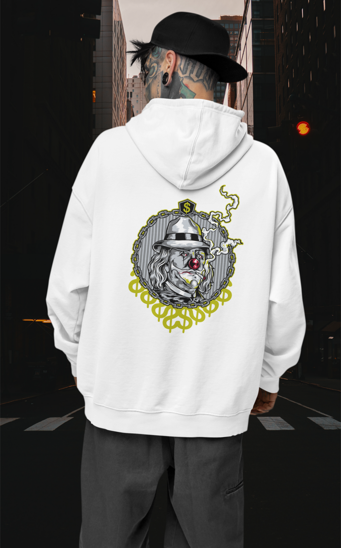 SMOKIE CLOWN Streetwear Estampado en la espalda - Sudadera con capucha unisex extragrande orgánica Slammer para adultos SH - Sudadera con capucha unisex extragrande orgánica 2.0