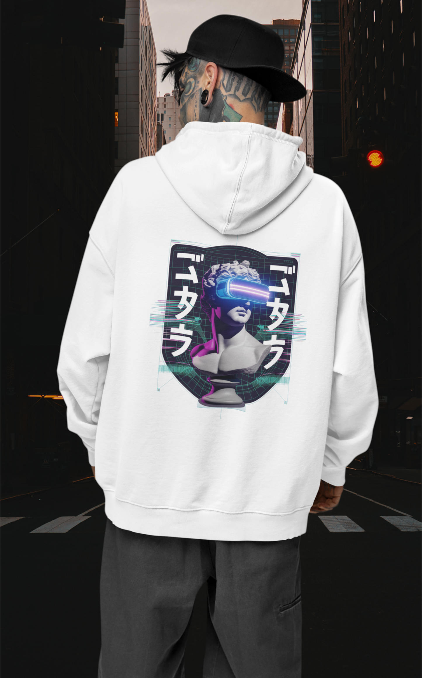 GAFAS VIRTUALES ESTATUA FUTURO Streetwear Backprint - Sudadera con capucha unisex extragrande Slammer Organic para adultos - Sudadera con capucha extragrande unisex Organic 2.0