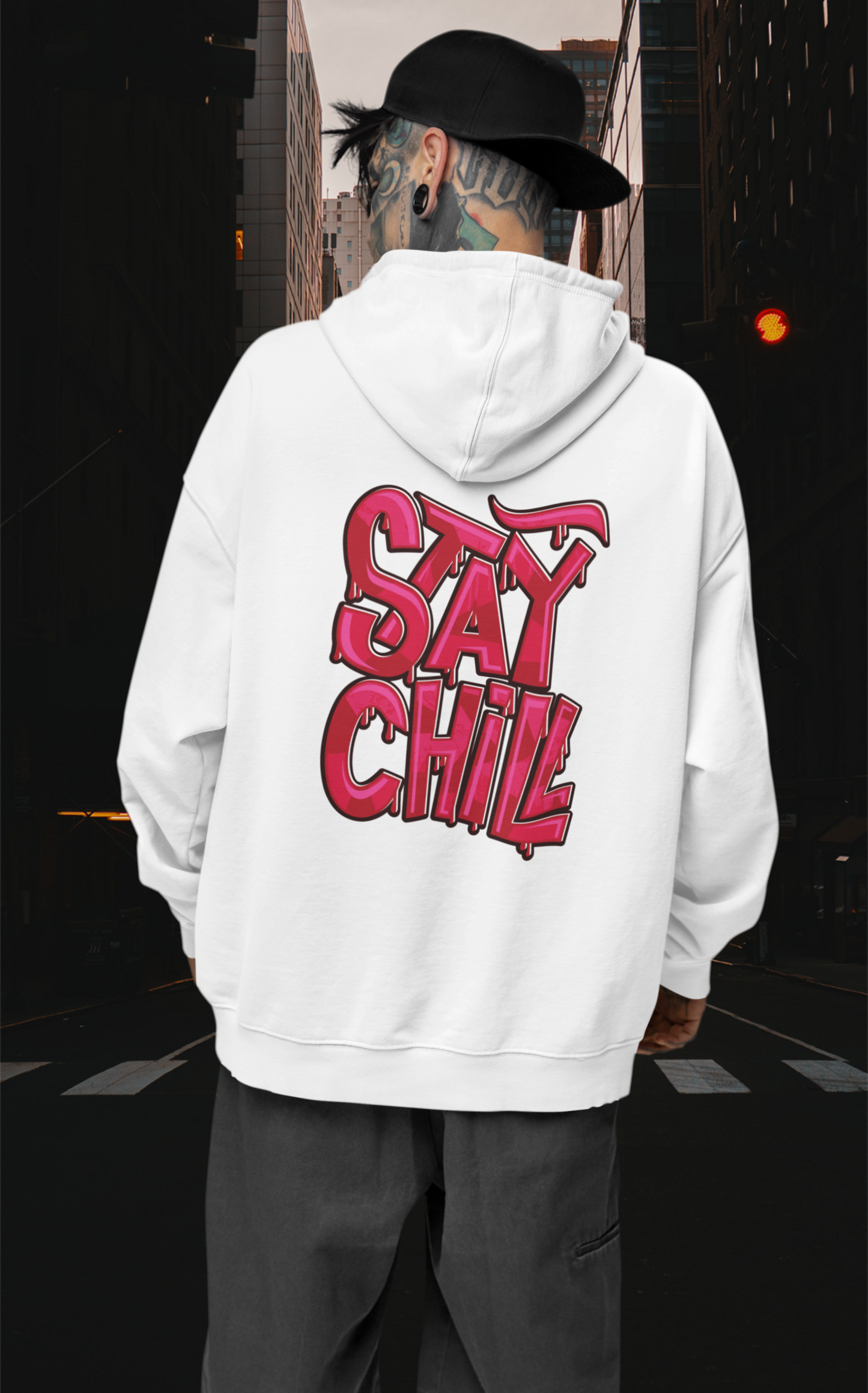 STAY CHILL Streetwear Backprint - Sudadera con capucha unisex extragrande Slammer Organic para adultos SH