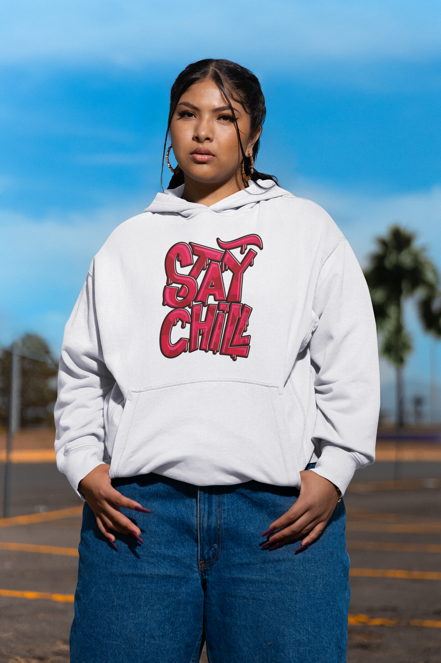 STAY CHILL Streetwear Estampado Frontal - Sudadera con capucha unisex extragrande Slammer Organic para adultos SH