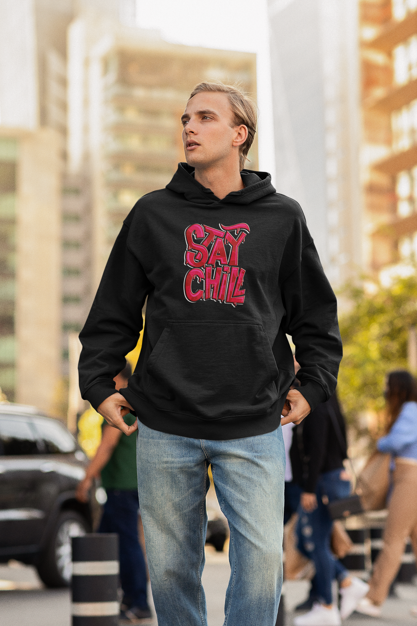 STAY CHILL Streetwear Estampado Frontal - Sudadera con capucha unisex extragrande Slammer Organic para adultos SH