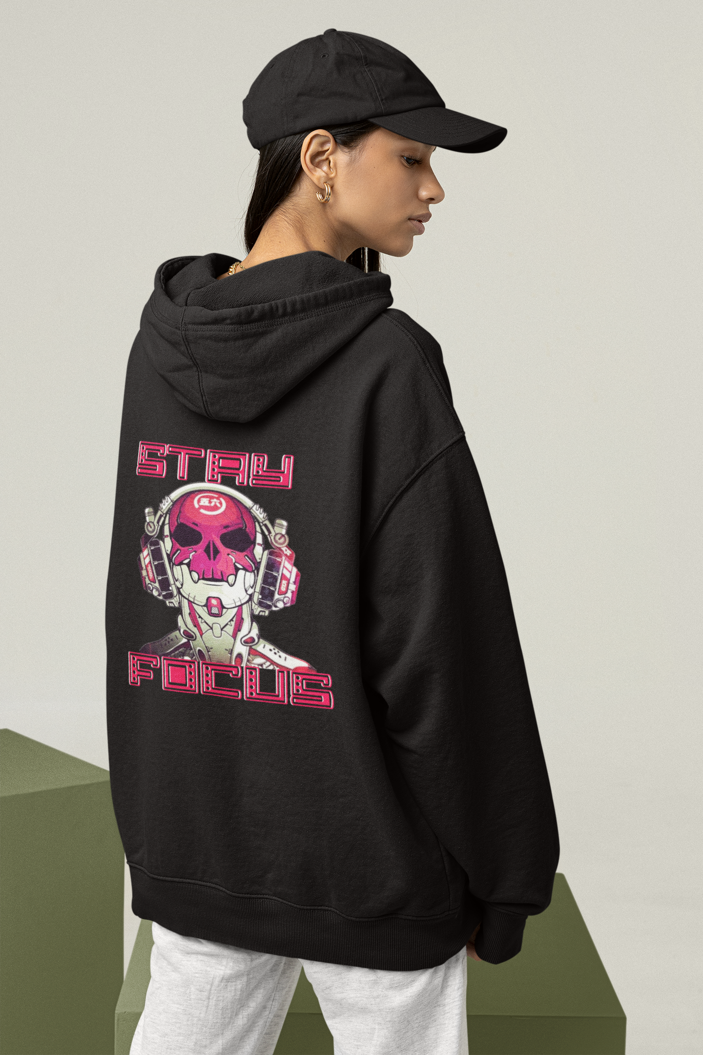 STAY FOCUS Streetwear Backprint - Sudadera con capucha unisex extragrande Slammer Organic para adultos SH