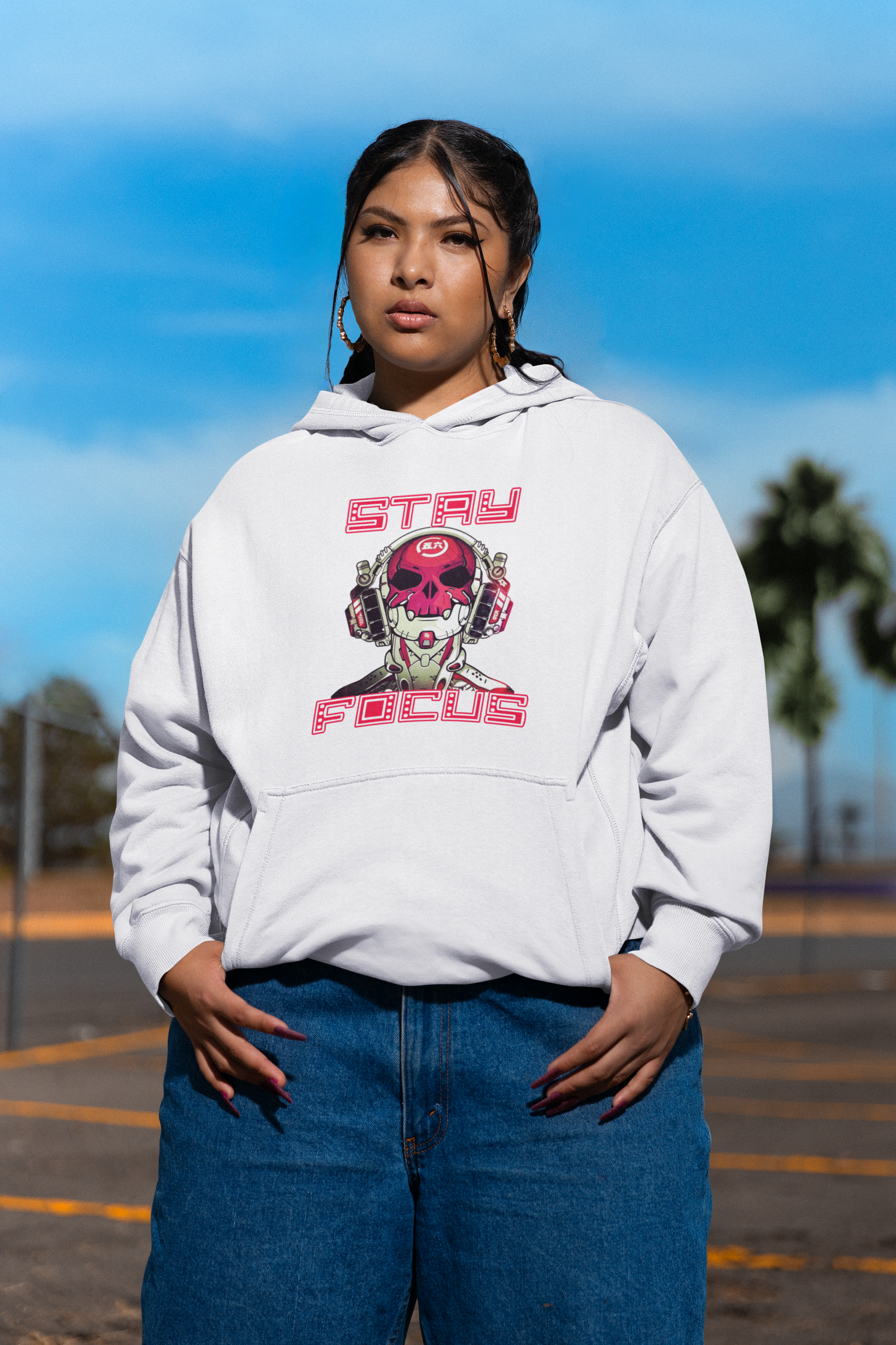STAY FOCUS Streetwear Estampado Frontal - Sudadera con capucha unisex extragrande Slammer Organic para adultos SH