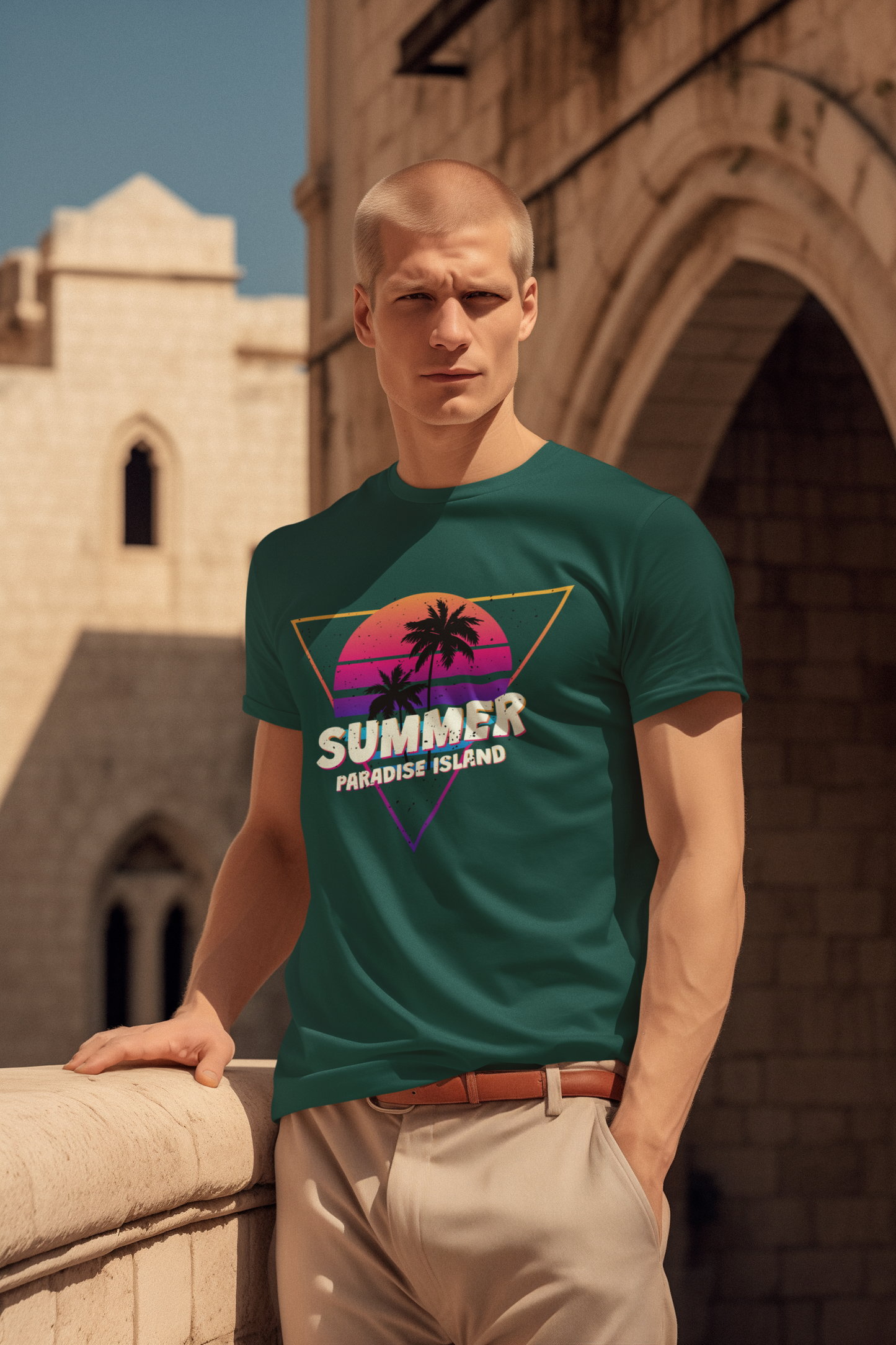 Summer Paradise Island Retro Sunset Creator Camiseta