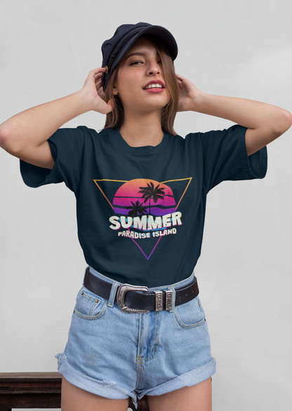 Summer Paradise Island Retro Sunset Front - Unisex Erwachsenen Bio Baumwolle Kurzarm Shirt Creator T-Shirt 2.0 ST/ST SH