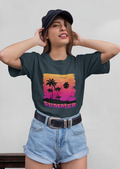 Summer Sunset Surfer Front  - Unisex Erwachsenen Bio Baumwolle Kurzarm Shirt Creator T-Shirt 2.0 ST/ST SH