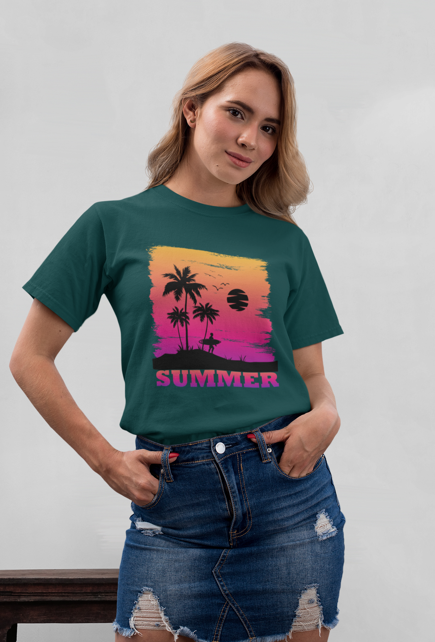 Summer Sunset Surfer Front  - Unisex Erwachsenen Bio Baumwolle Kurzarm Shirt Creator T-Shirt 2.0 ST/ST SH