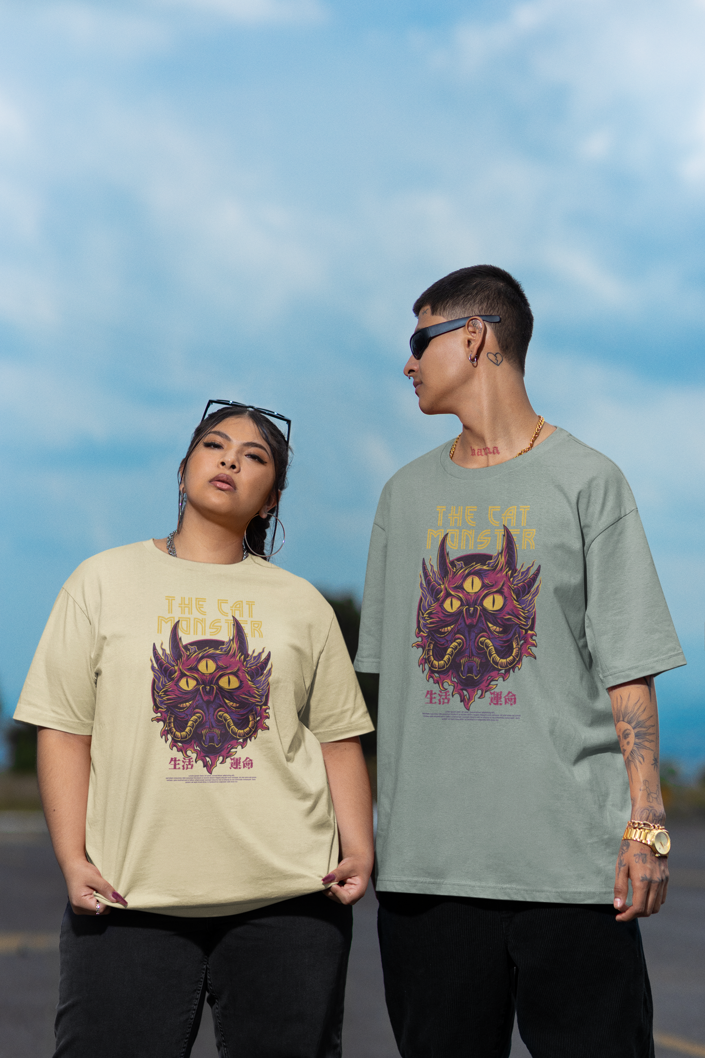 THE CAT MONSTER Warrior Streetwear Frontprint - Freestyler Bio Oversized Unisex T-Shirt Erwachsene SH